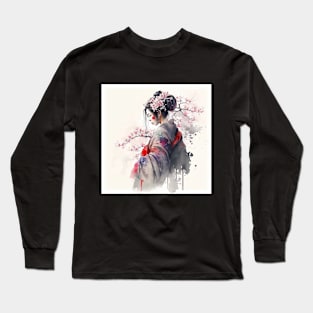 Japanese geisha in kimono and cherry blossoms Long Sleeve T-Shirt